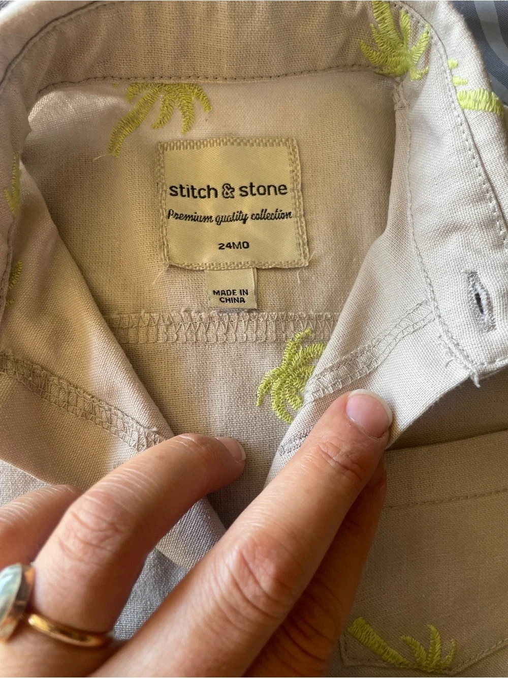 Stitch & stone Beige Matching Shirt and Shorts Set with neon yellow/green palm
